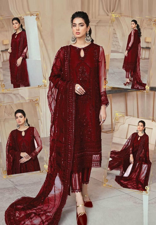 MSQ Embroidered Maroon Luxury Net Dress