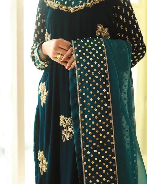 AFZ Embroidered Sea Green Luxury Velvet Dress