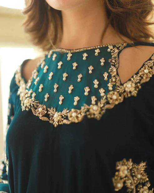 AFZ Embroidered Sea Green Luxury Velvet Dress