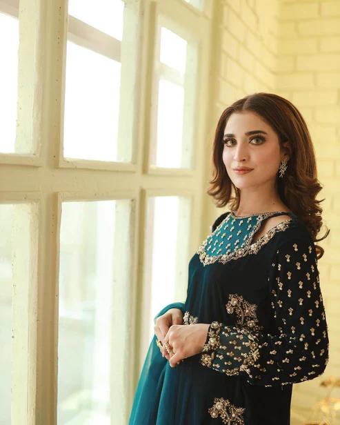 AFZ Embroidered Sea Green Luxury Velvet Dress