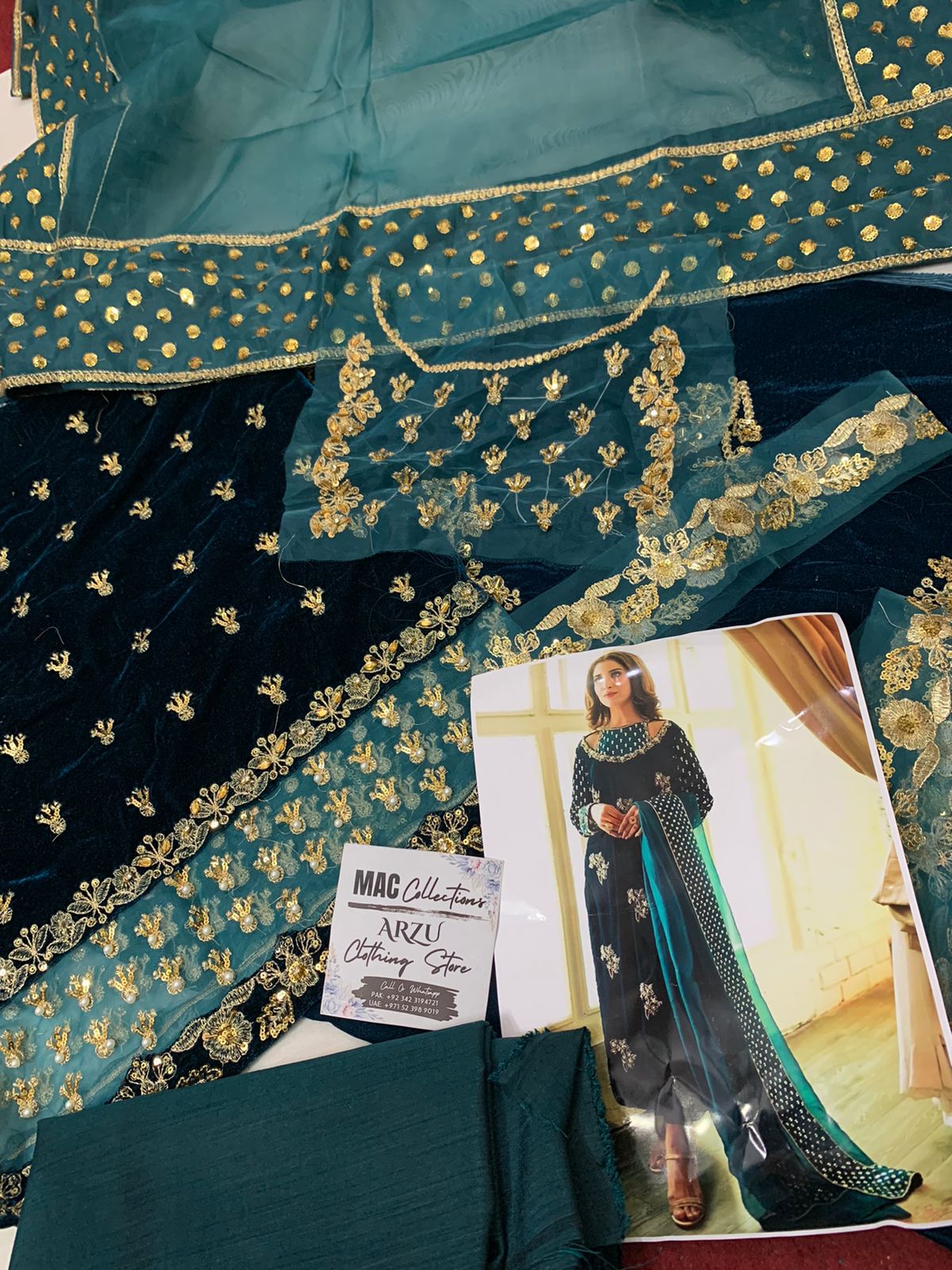 AFZ Embroidered Sea Green Luxury Velvet Dress