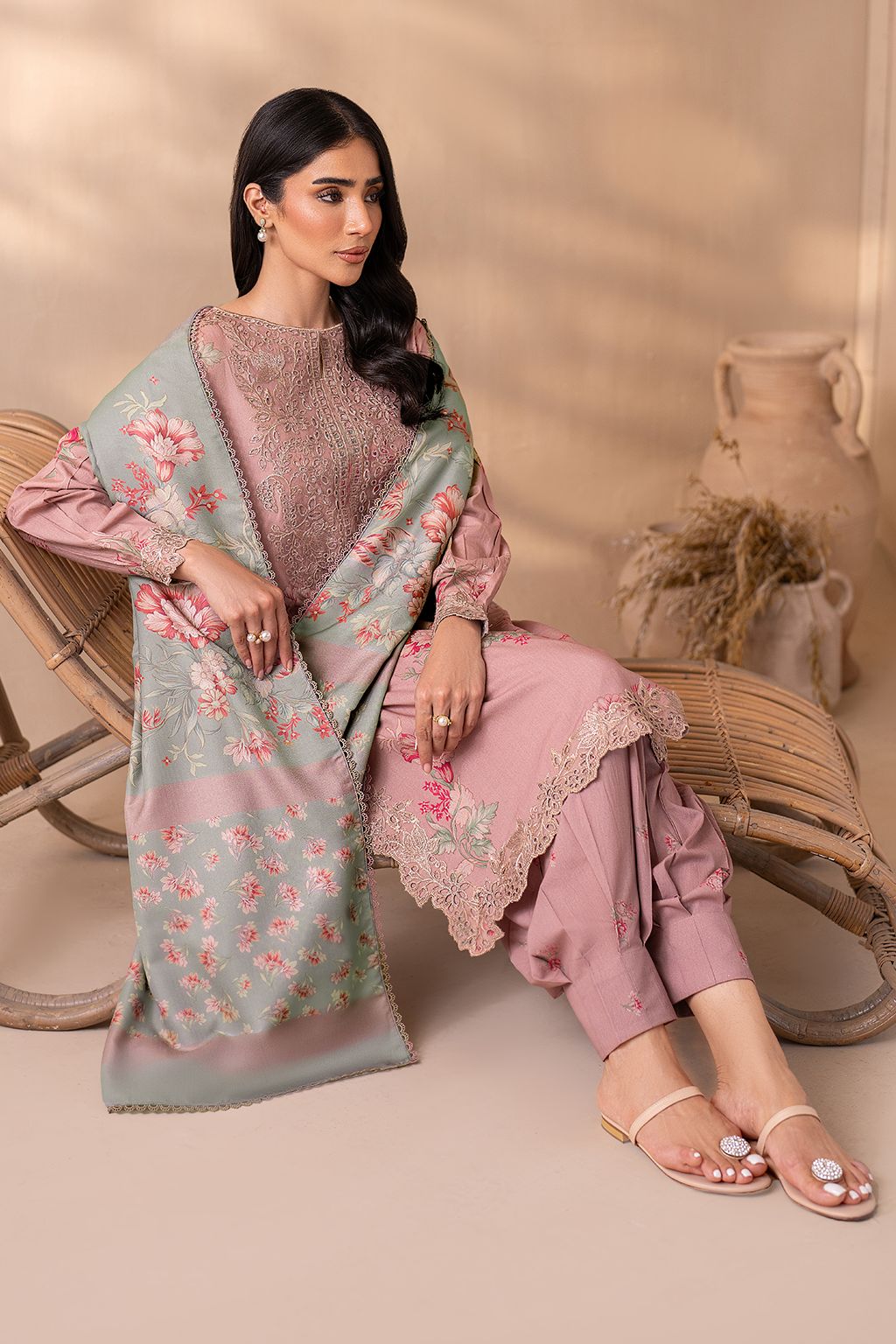 IZK Embroidered Tea Pink Luxury Lawn Dress
