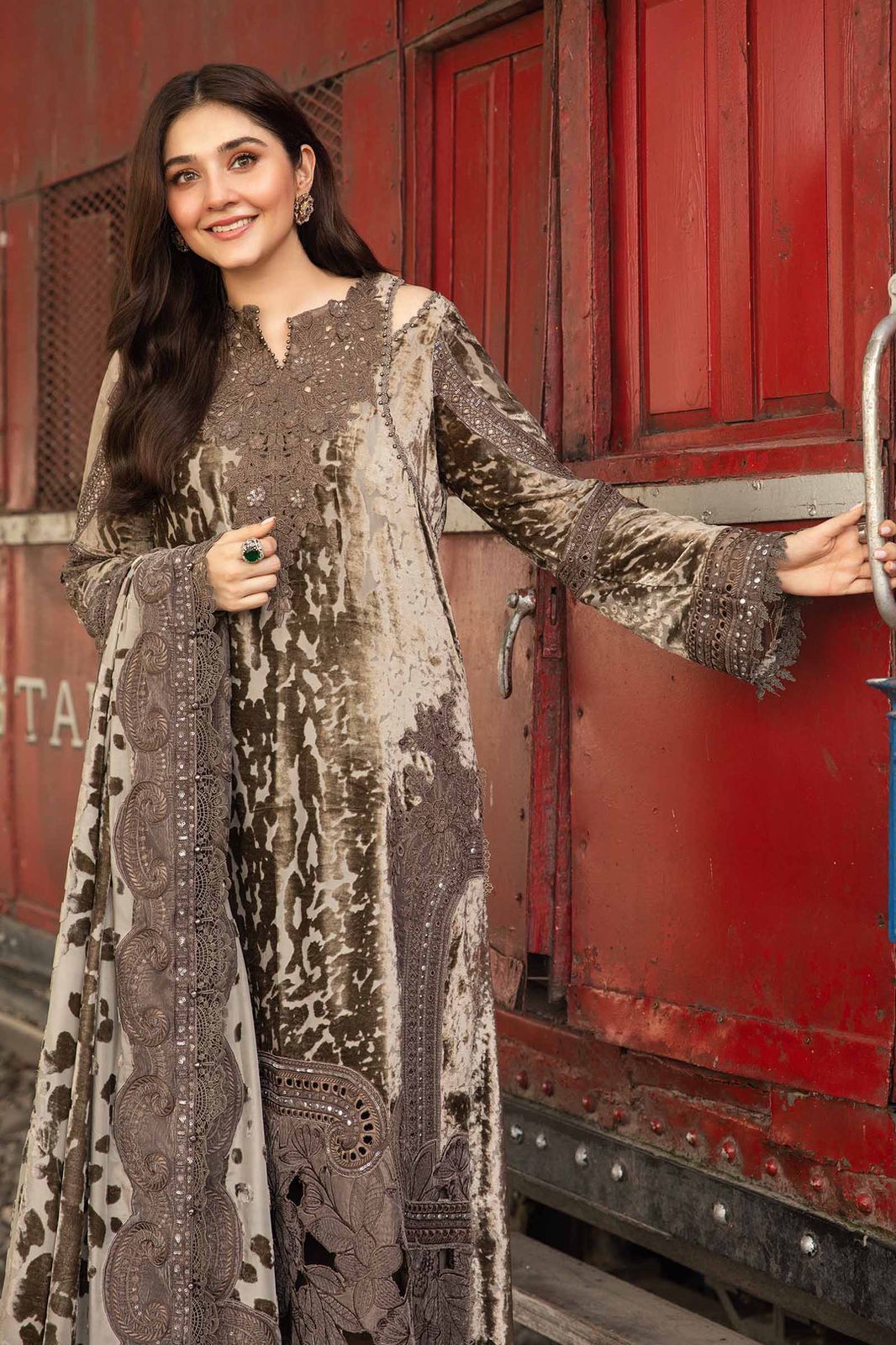 MP Embroidered Brown Luxury Lawn Dress