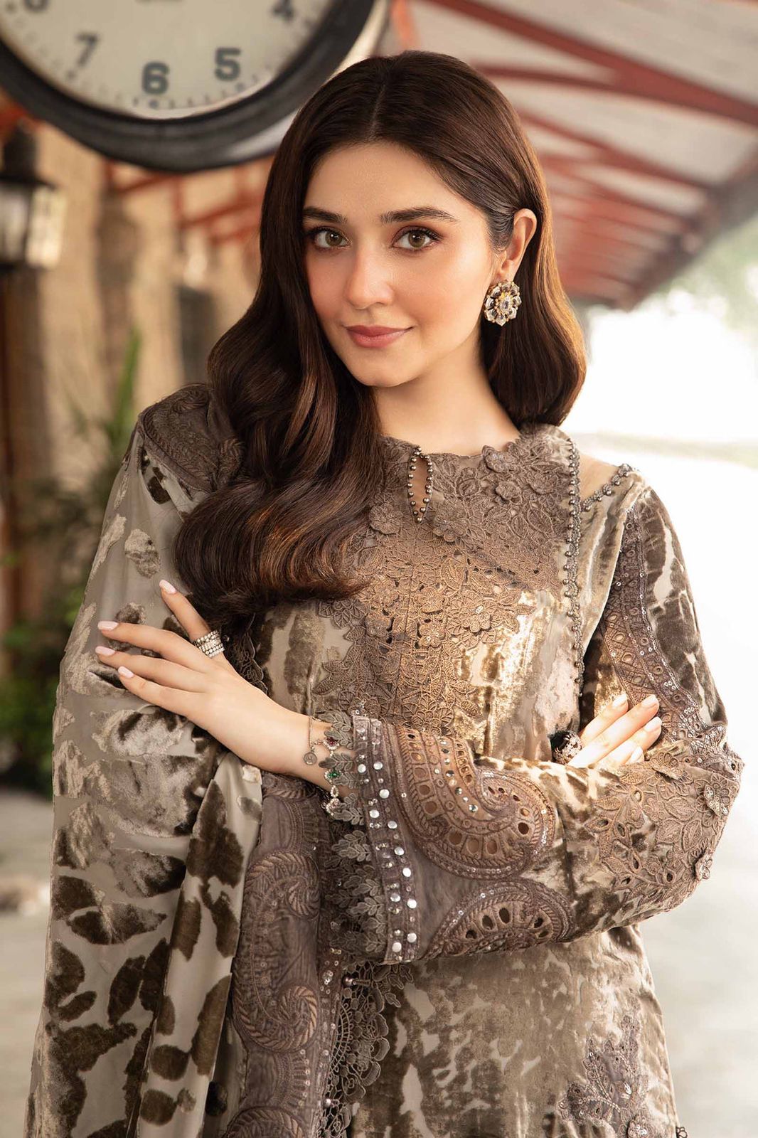 MP Embroidered Brown Luxury Lawn Dress
