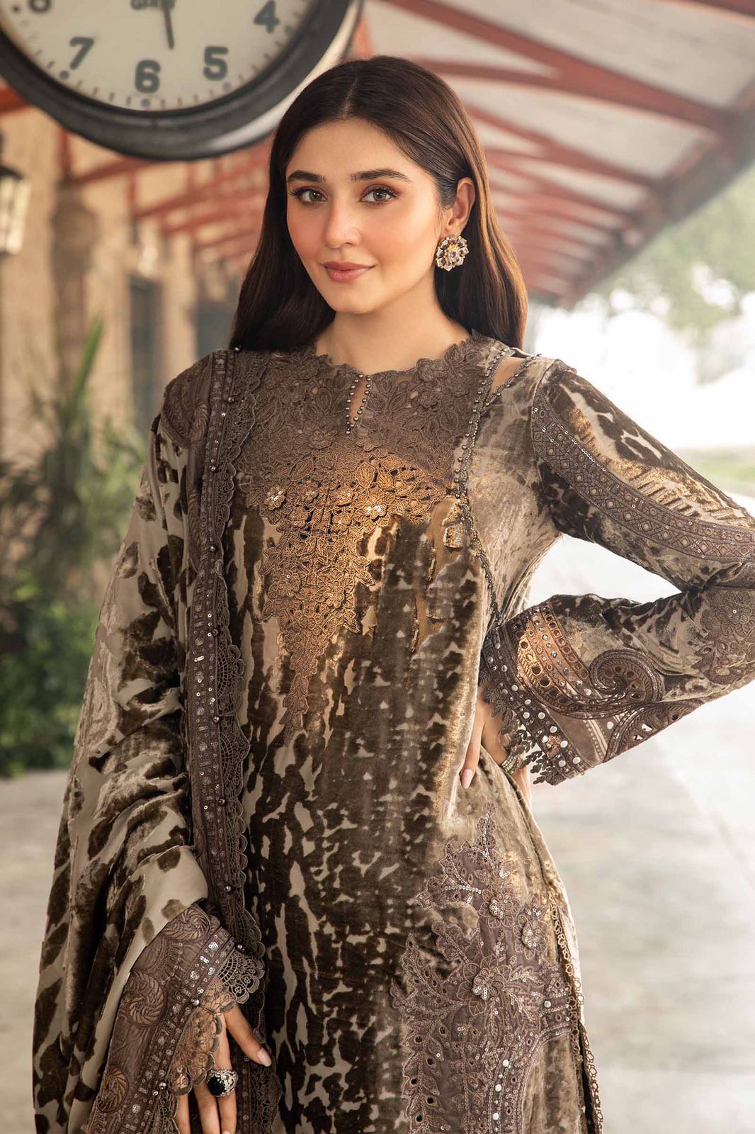 MP Embroidered Brown Luxury Lawn Dress
