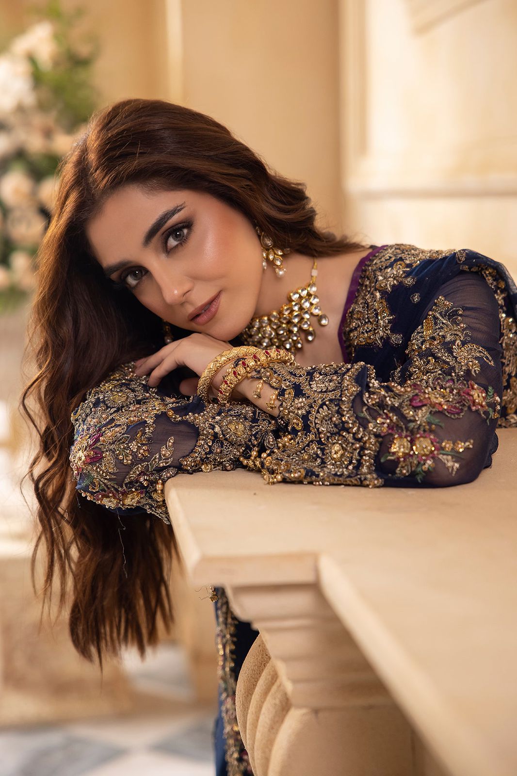 CHZ Embroidered Navy Blue Luxury Chiffon Dress