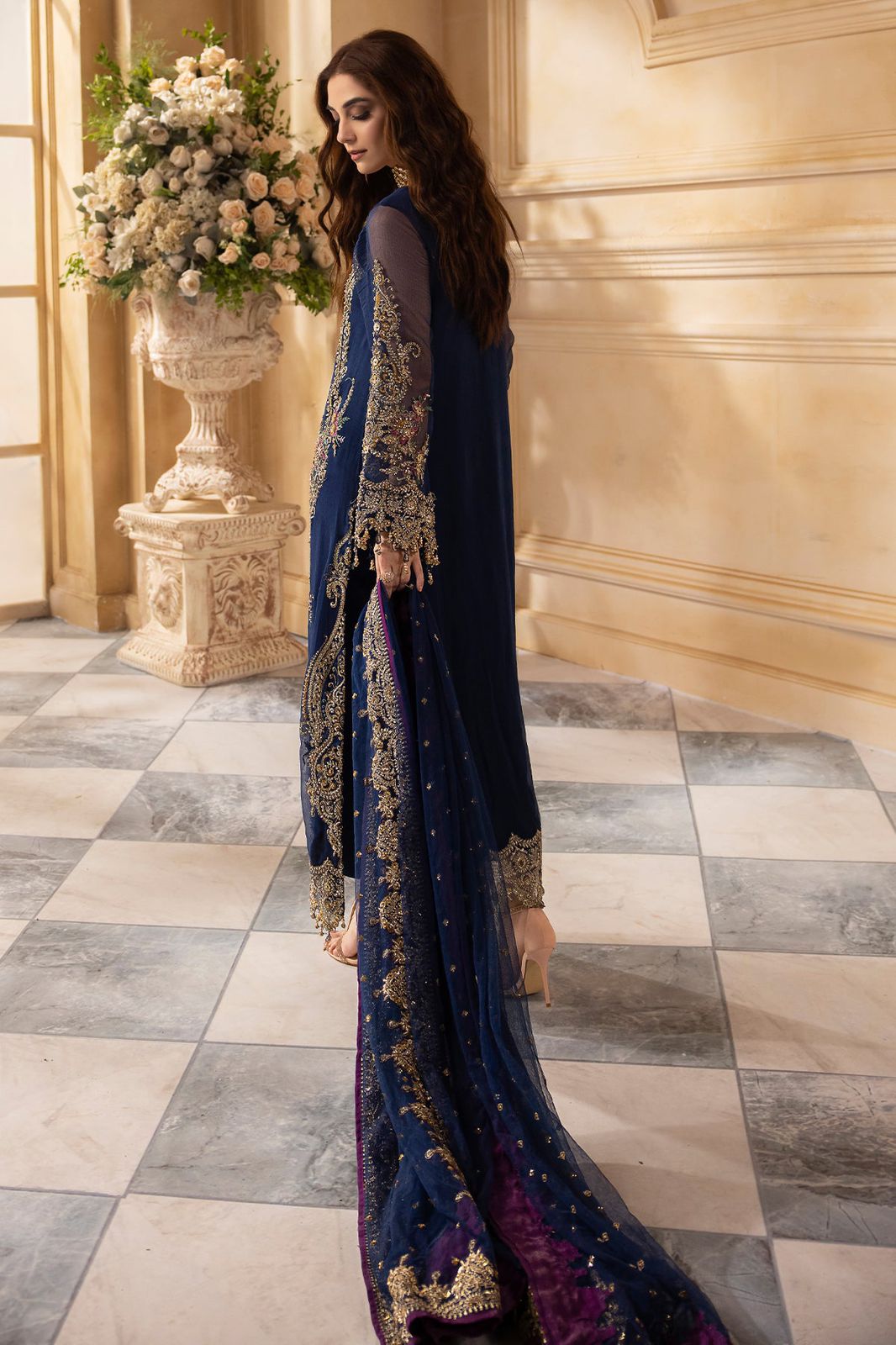 CHZ Embroidered Navy Blue Luxury Chiffon Dress