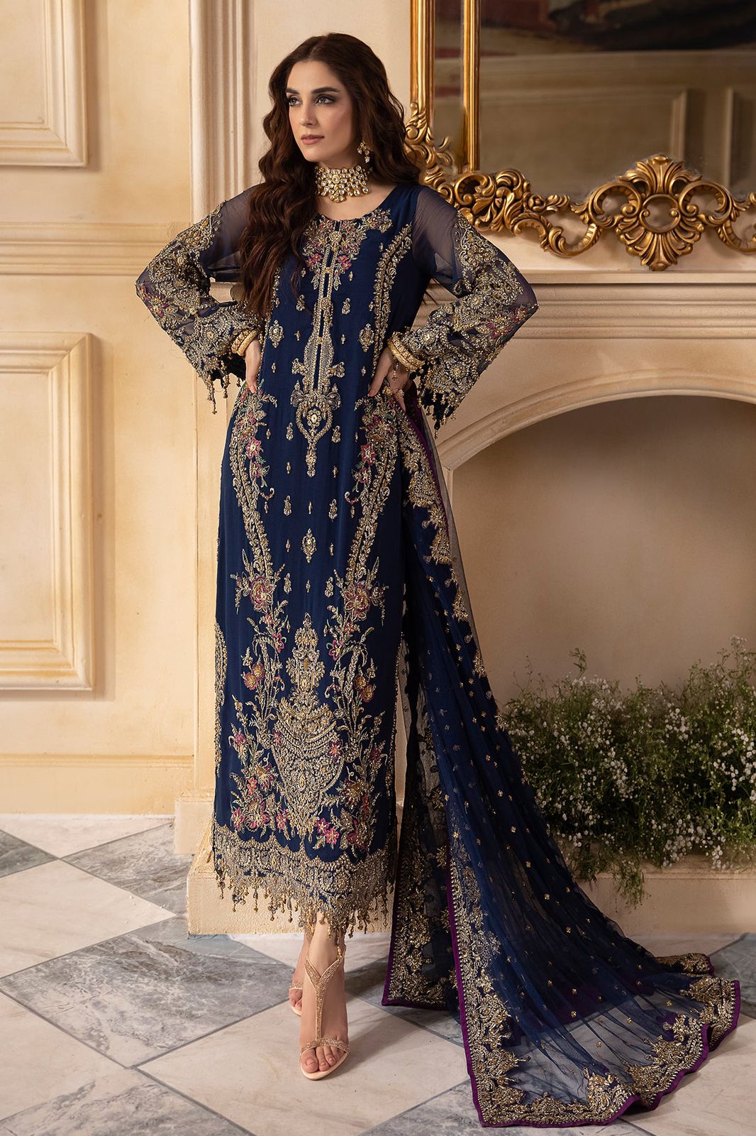 CHZ Embroidered Navy Blue Luxury Chiffon Dress