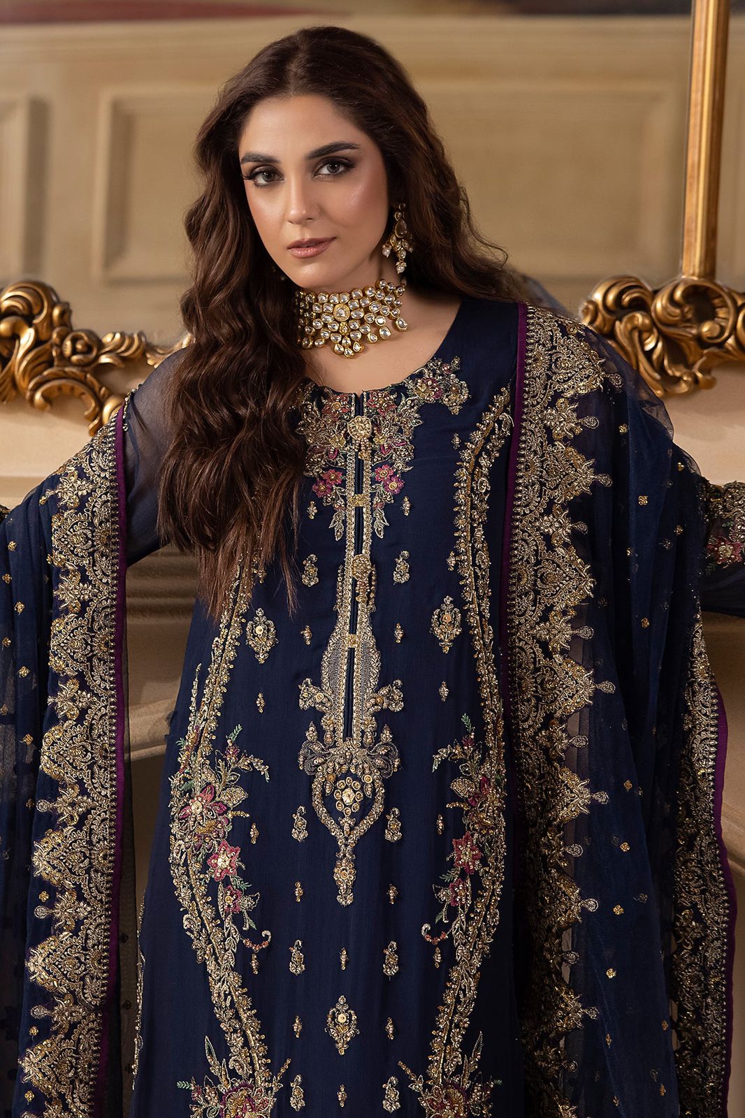 CHZ Embroidered Navy Blue Luxury Chiffon Dress