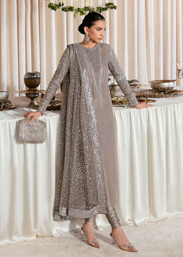 HR Embroidered Grey luxury Raw Silk Dress