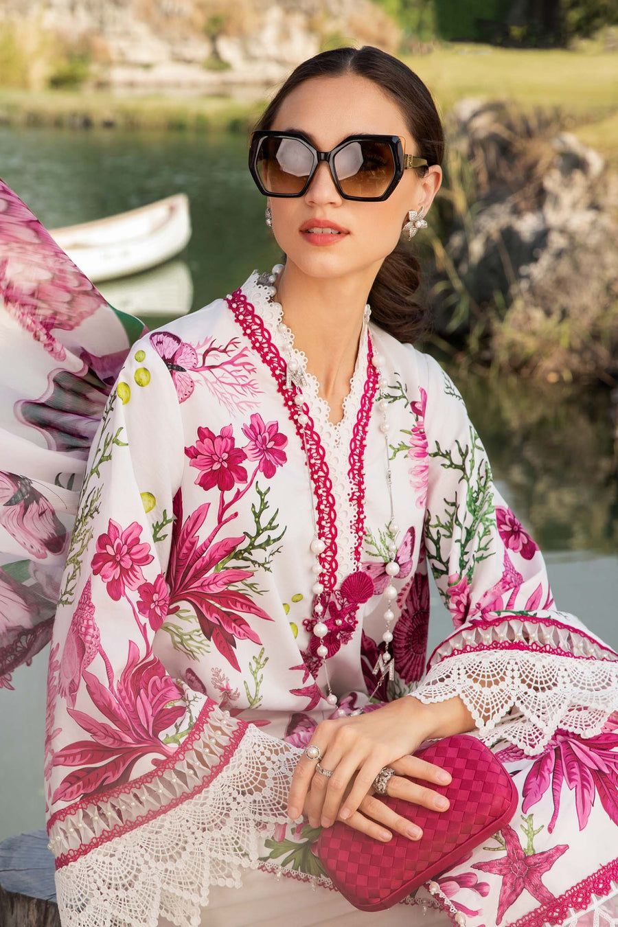 MB Embroidered White & Pink Luxury Lawn Dress -025