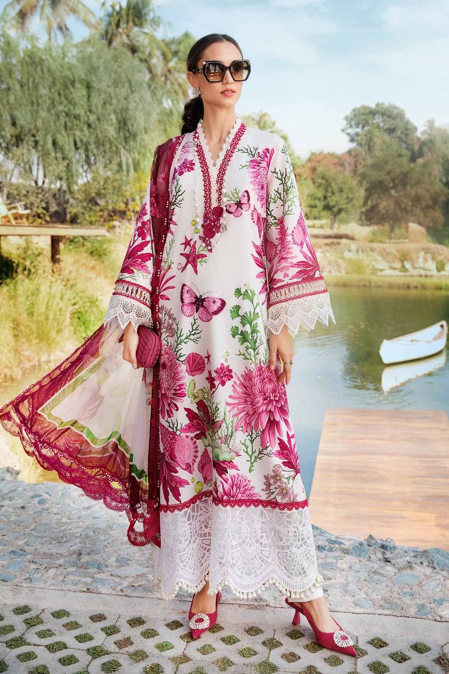 MB Embroidered White & Pink Luxury Lawn Dress -025