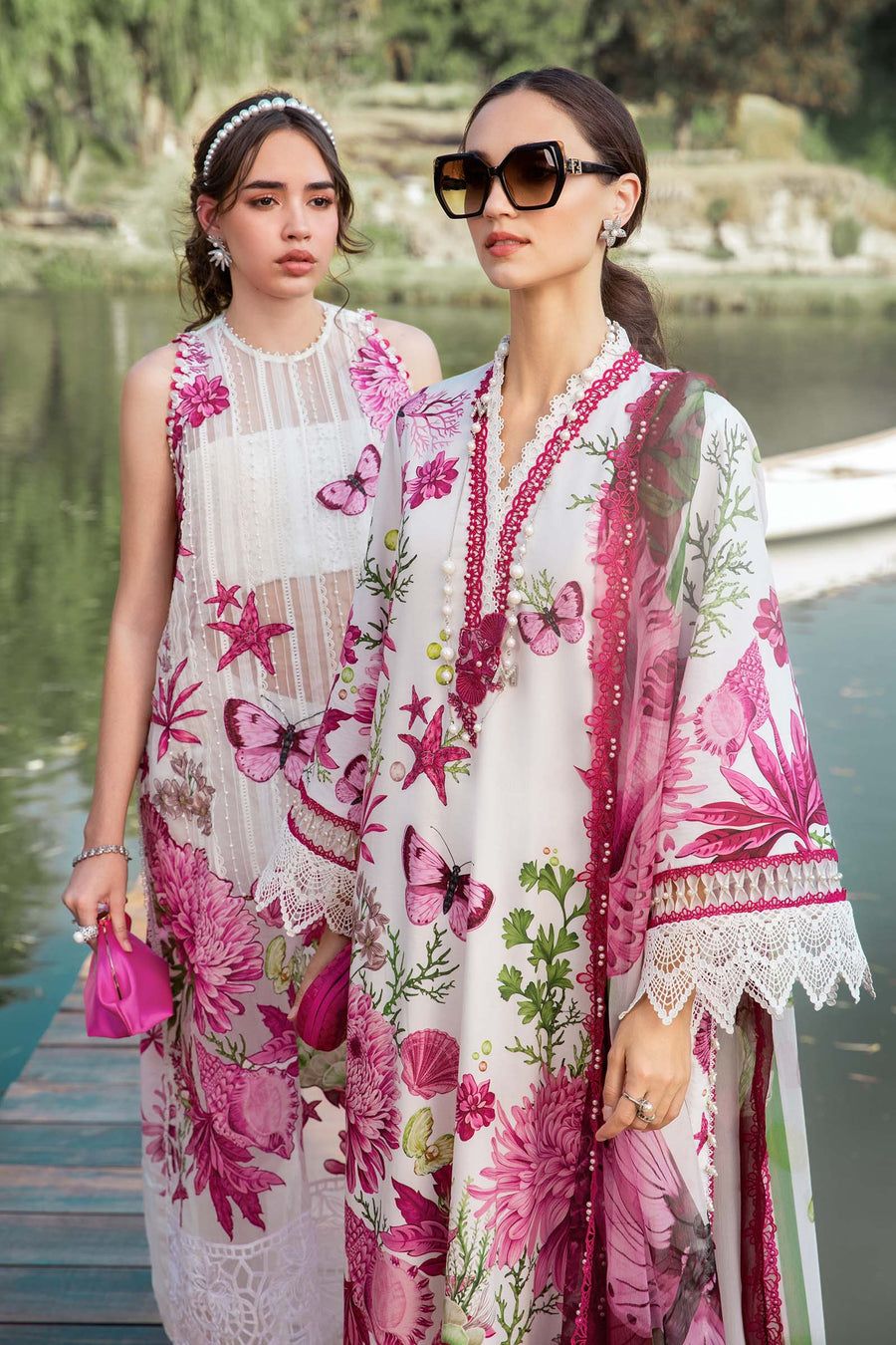 MB Embroidered White & Pink Luxury Lawn Dress -025