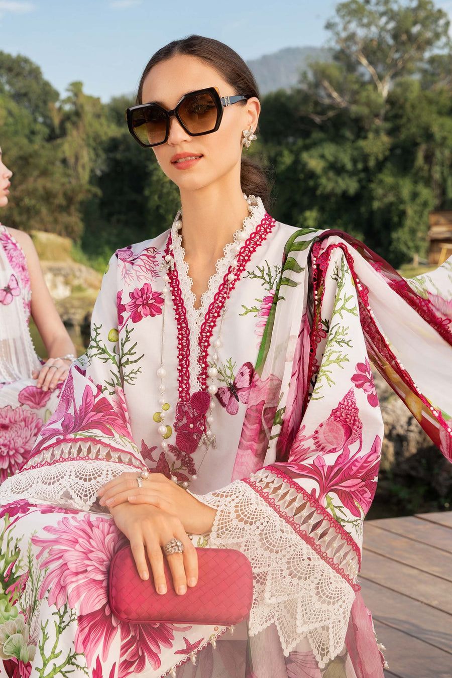 MB Embroidered White & Pink Luxury Lawn Dress -025