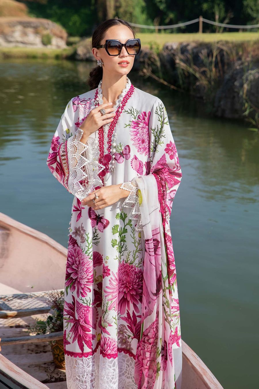 MB Embroidered White & Pink Luxury Lawn Dress -025