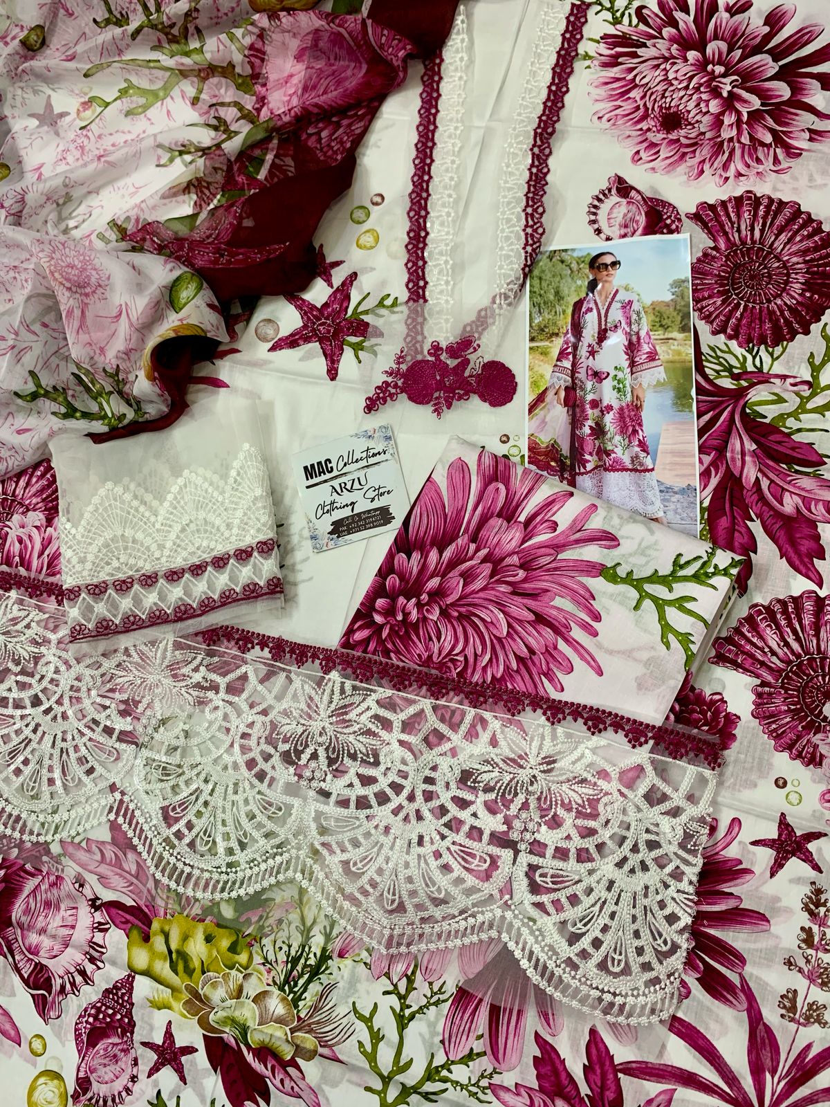 MB Embroidered White & Pink Luxury Lawn Dress -025