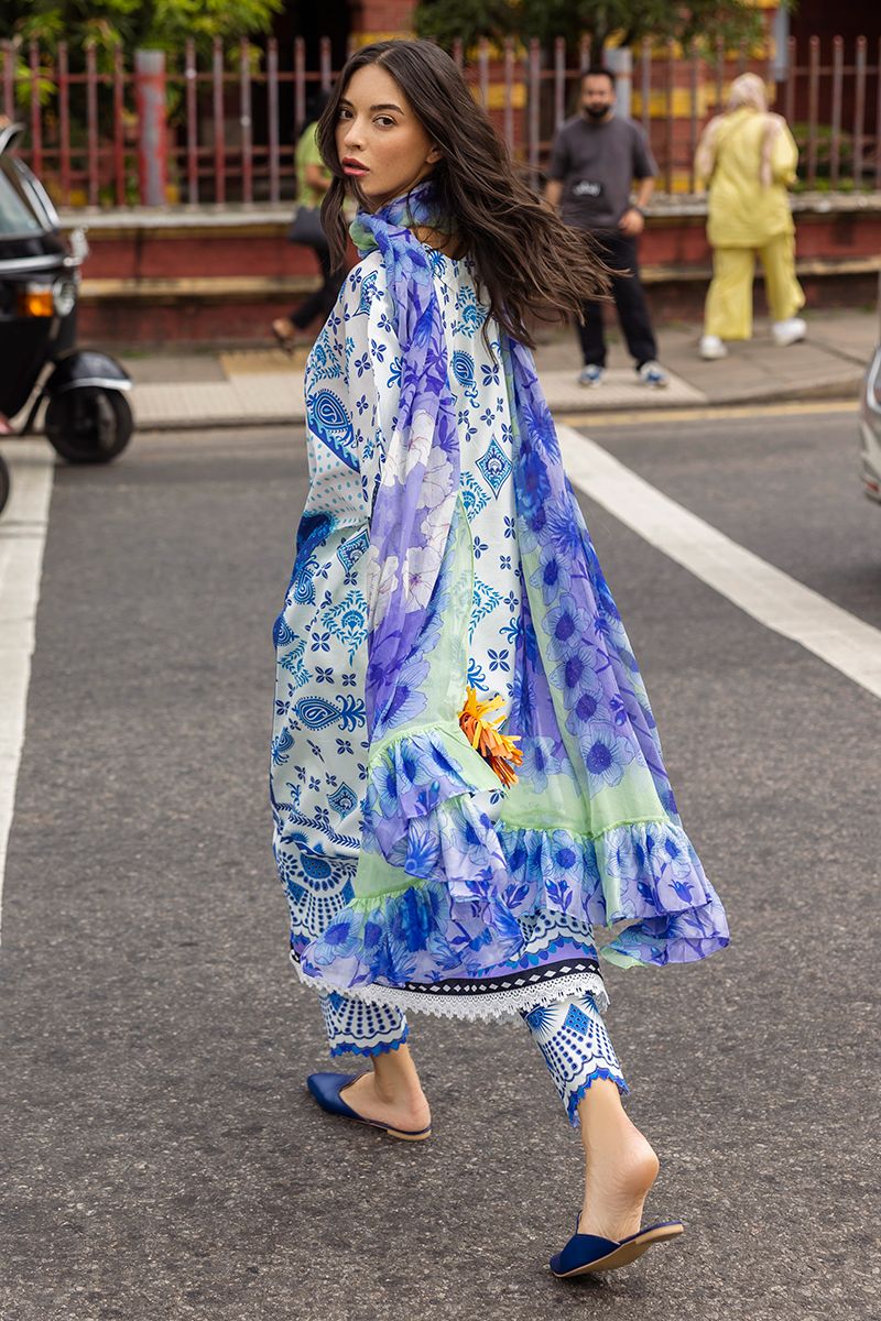 Msq Embroidered Blue & white Luxury Lawn Dress