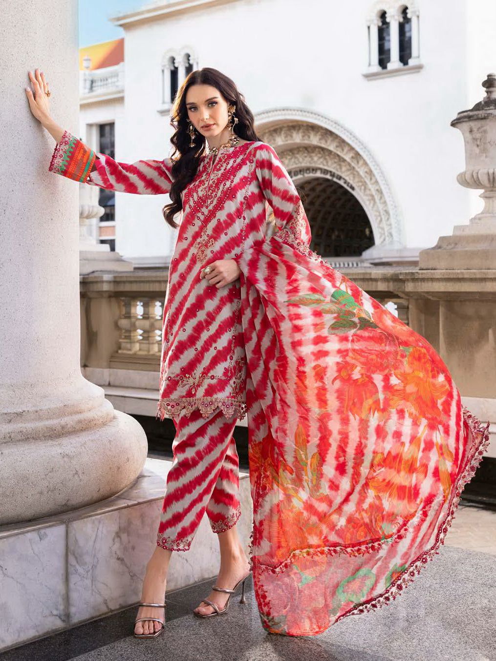 CHZ Embroidered Red & White Lining Luxury Lawn Dress