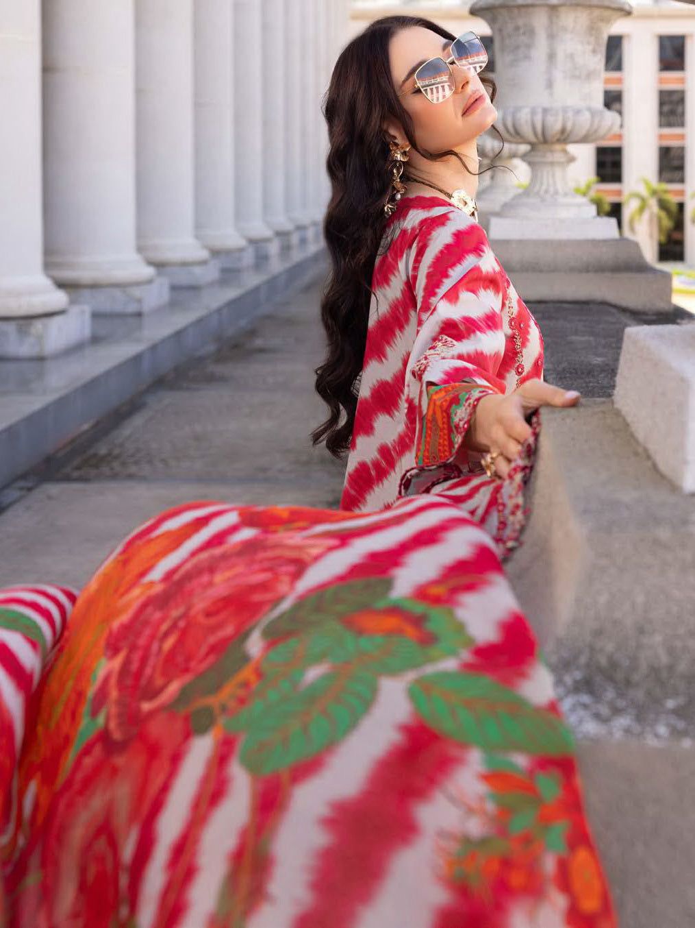 CHZ Embroidered Red & White Lining Luxury Lawn Dress