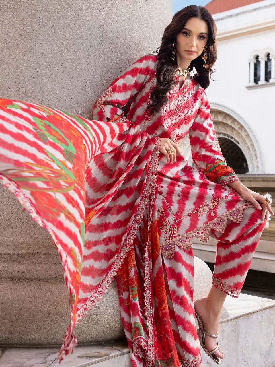 CHZ Embroidered Red & White Lining Luxury Lawn Dress