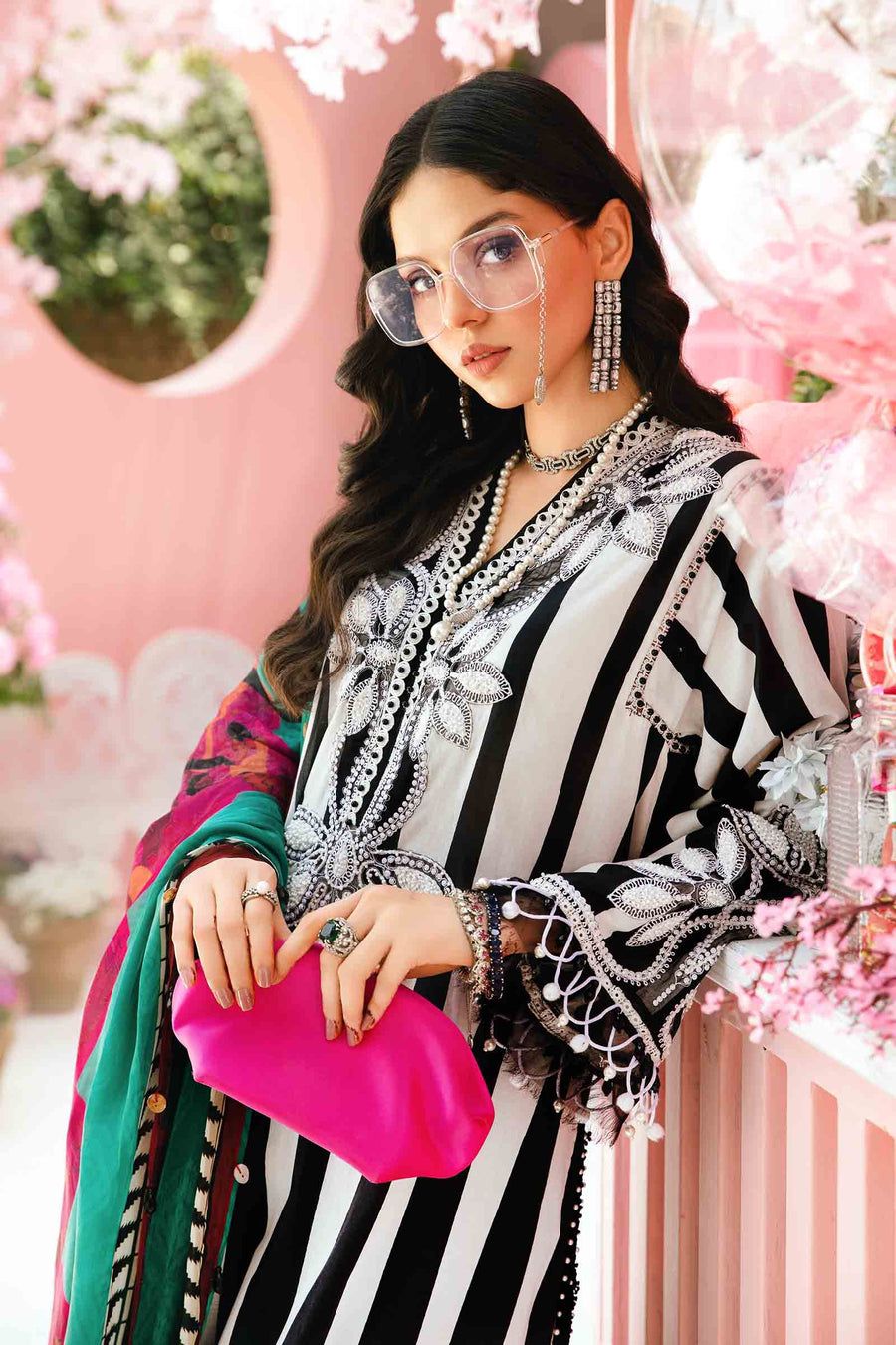 MB Embroidered Black & White Lining Luxury Lawn Dress