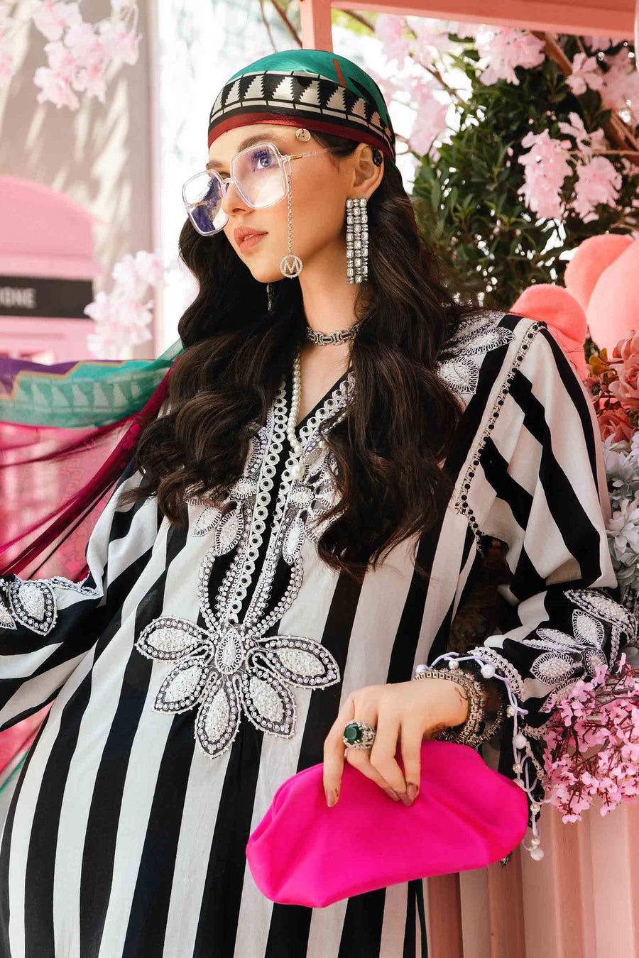 MB Embroidered Black & White Lining Luxury Lawn Dress
