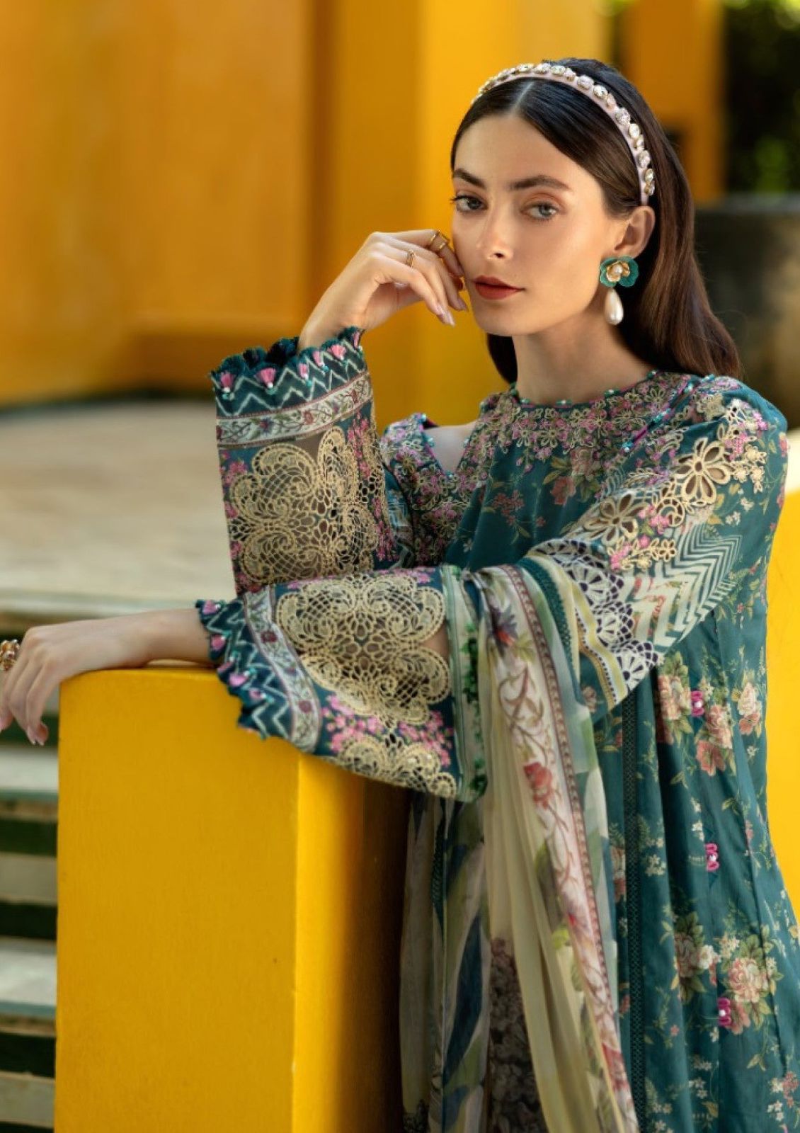 ELF Embroidered Green Luxury Lawn Dress