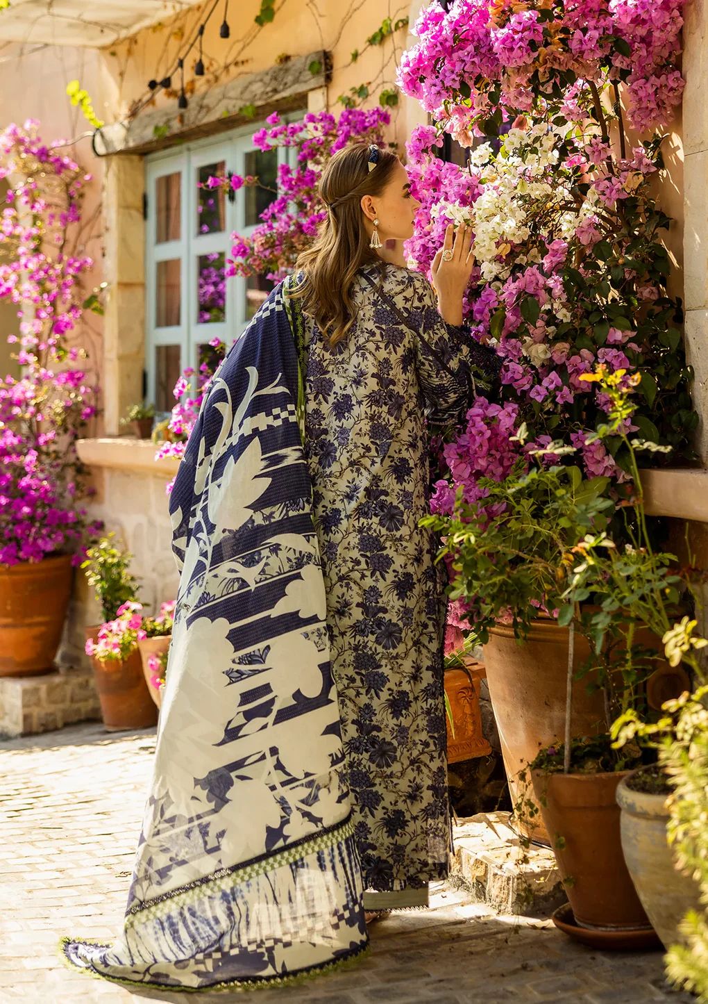 ELF Embroidered Grey & blue Luxury Lawn Dress