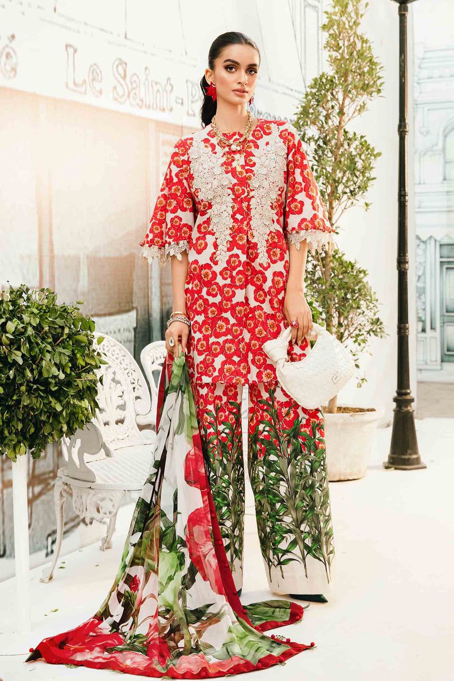 MP Embroidered Red Flower Luxury Lawn Dress