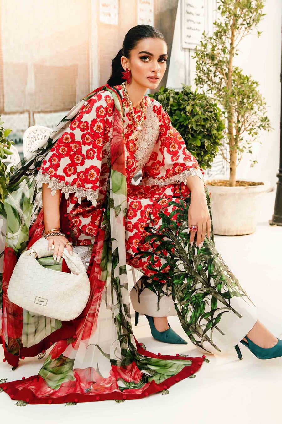 MP Embroidered Red Flower Luxury Lawn Dress