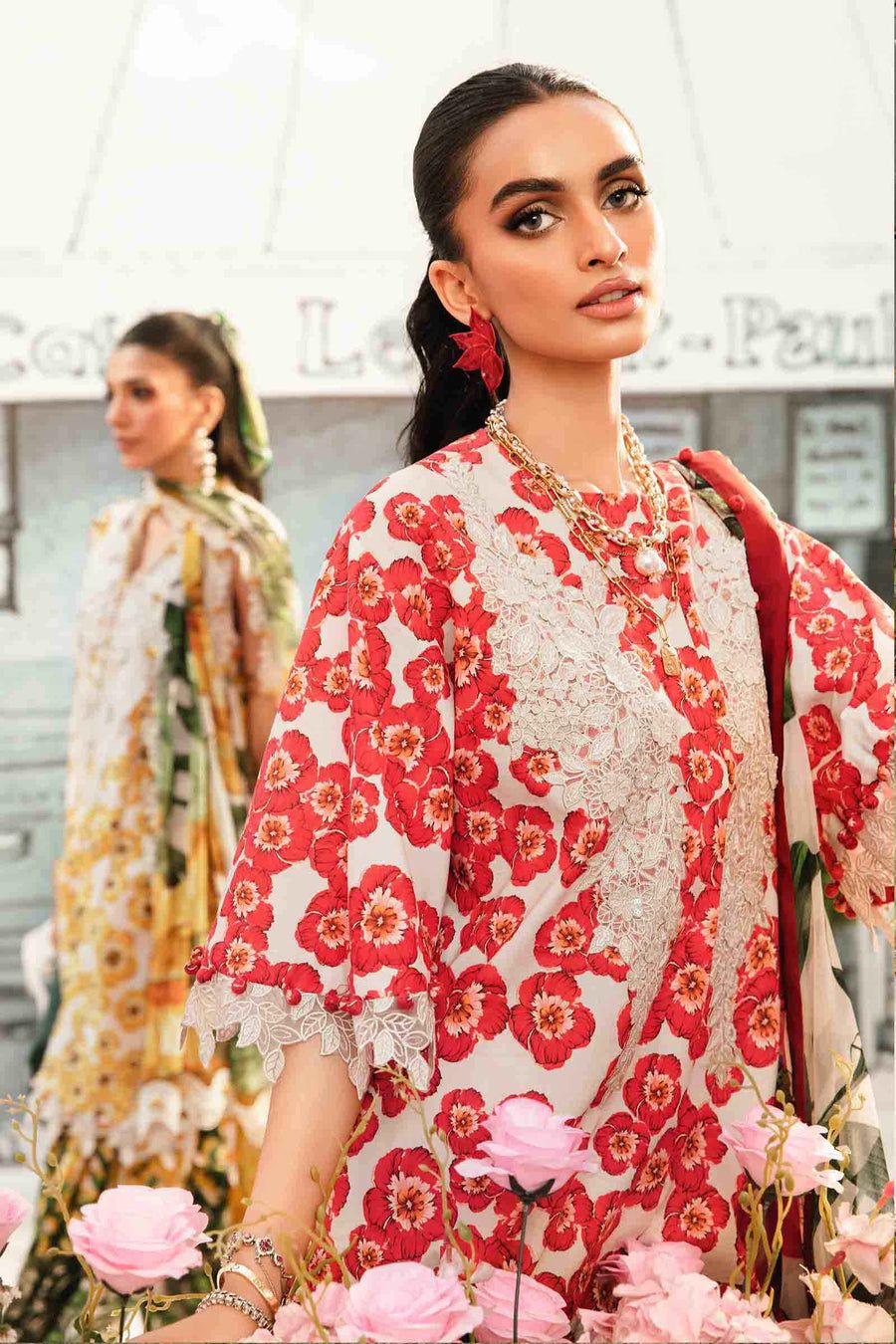 MP Embroidered Red Flower Luxury Lawn Dress