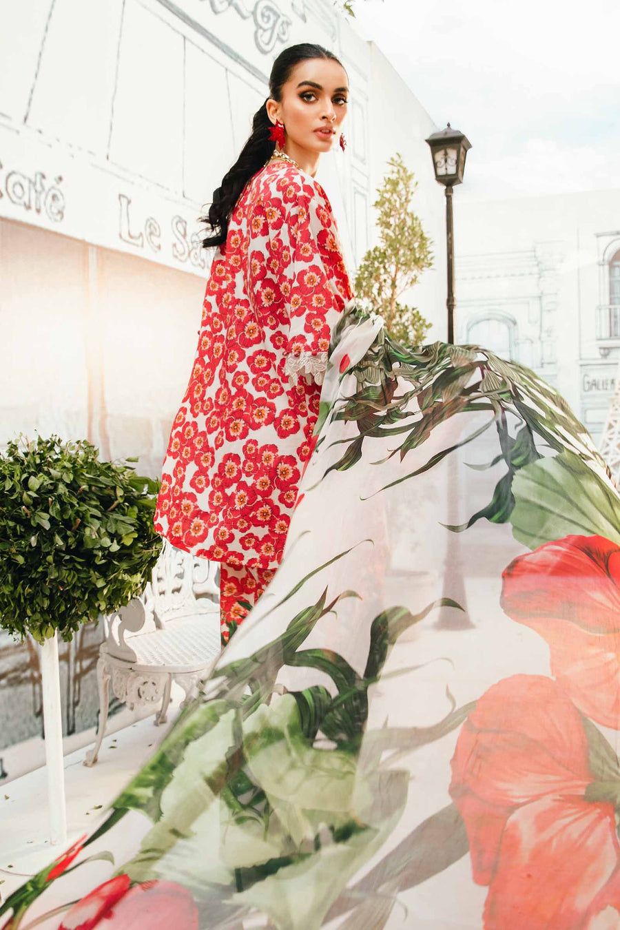 MP Embroidered Red Flower Luxury Lawn Dress