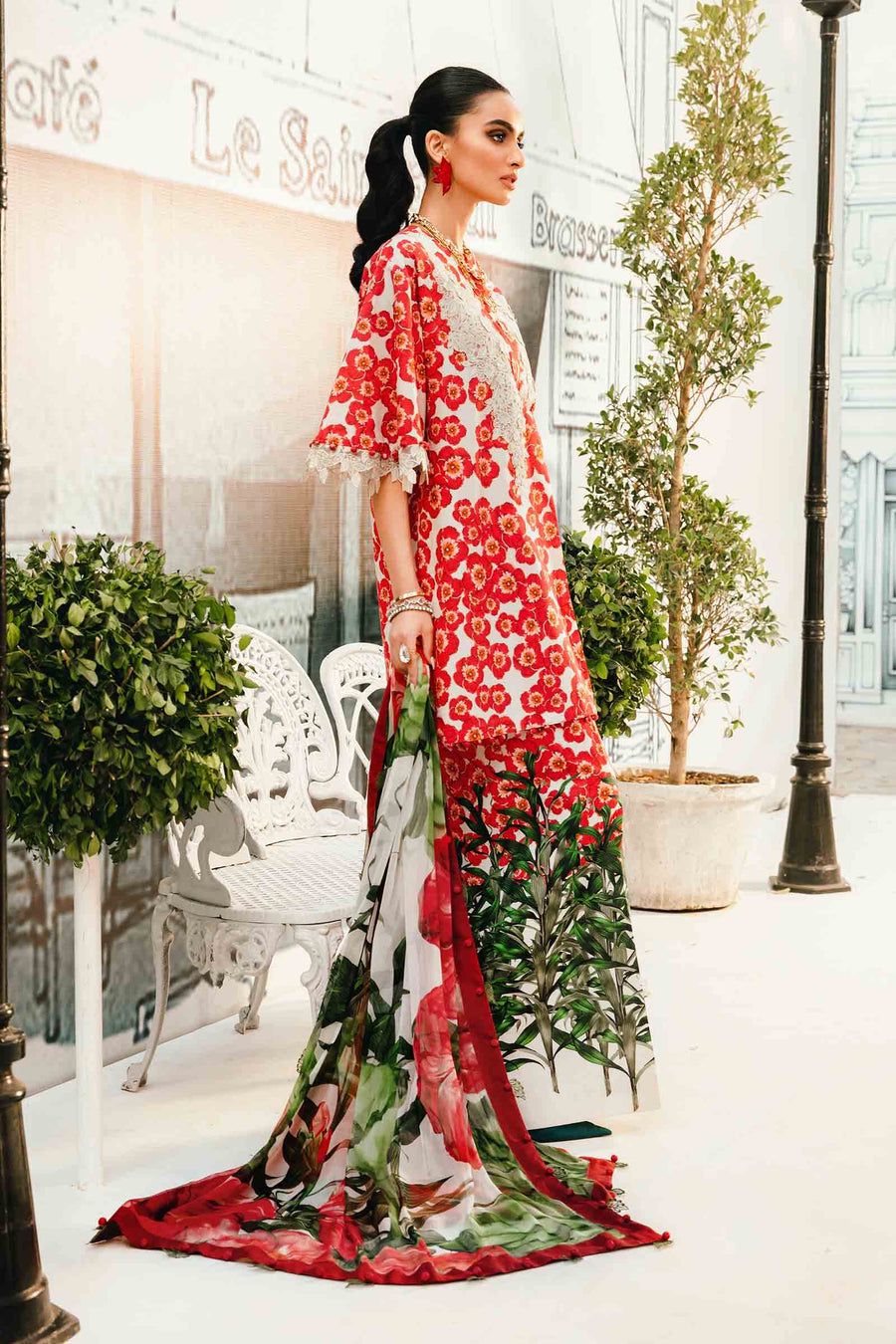 MP Embroidered Red Flower Luxury Lawn Dress