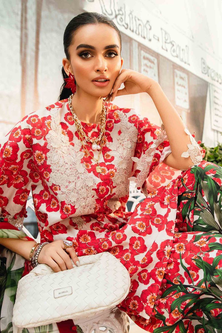 MP Embroidered Red Flower Luxury Lawn Dress