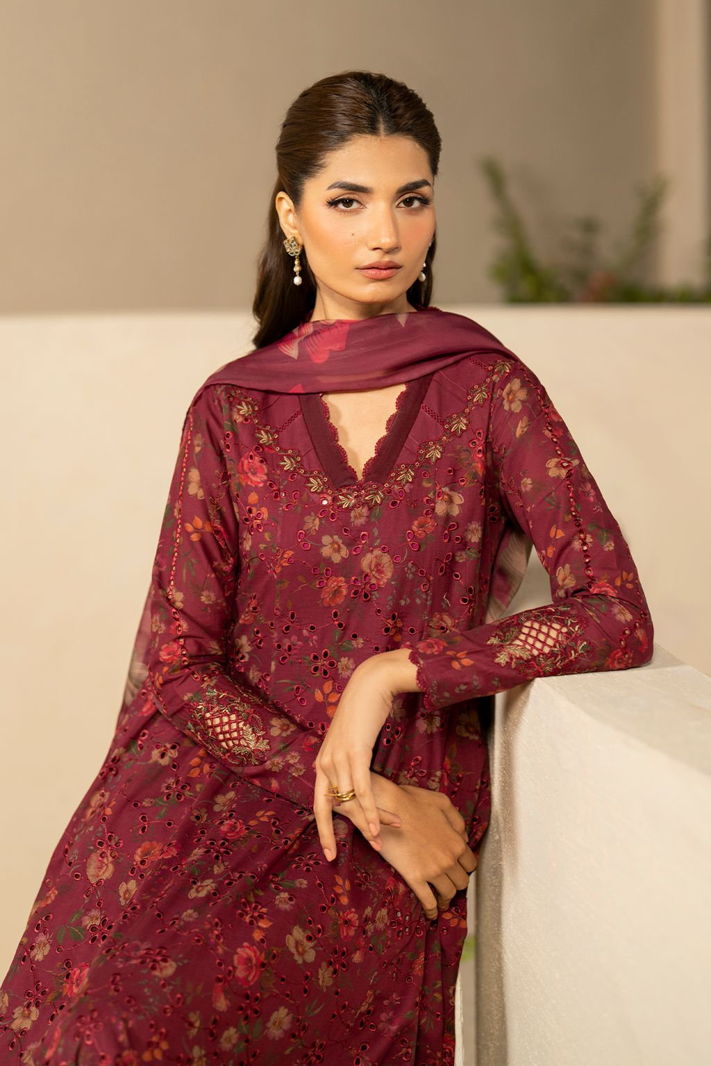 IZK Embroidered Maroon Luxury Lawn Chikankari Dress