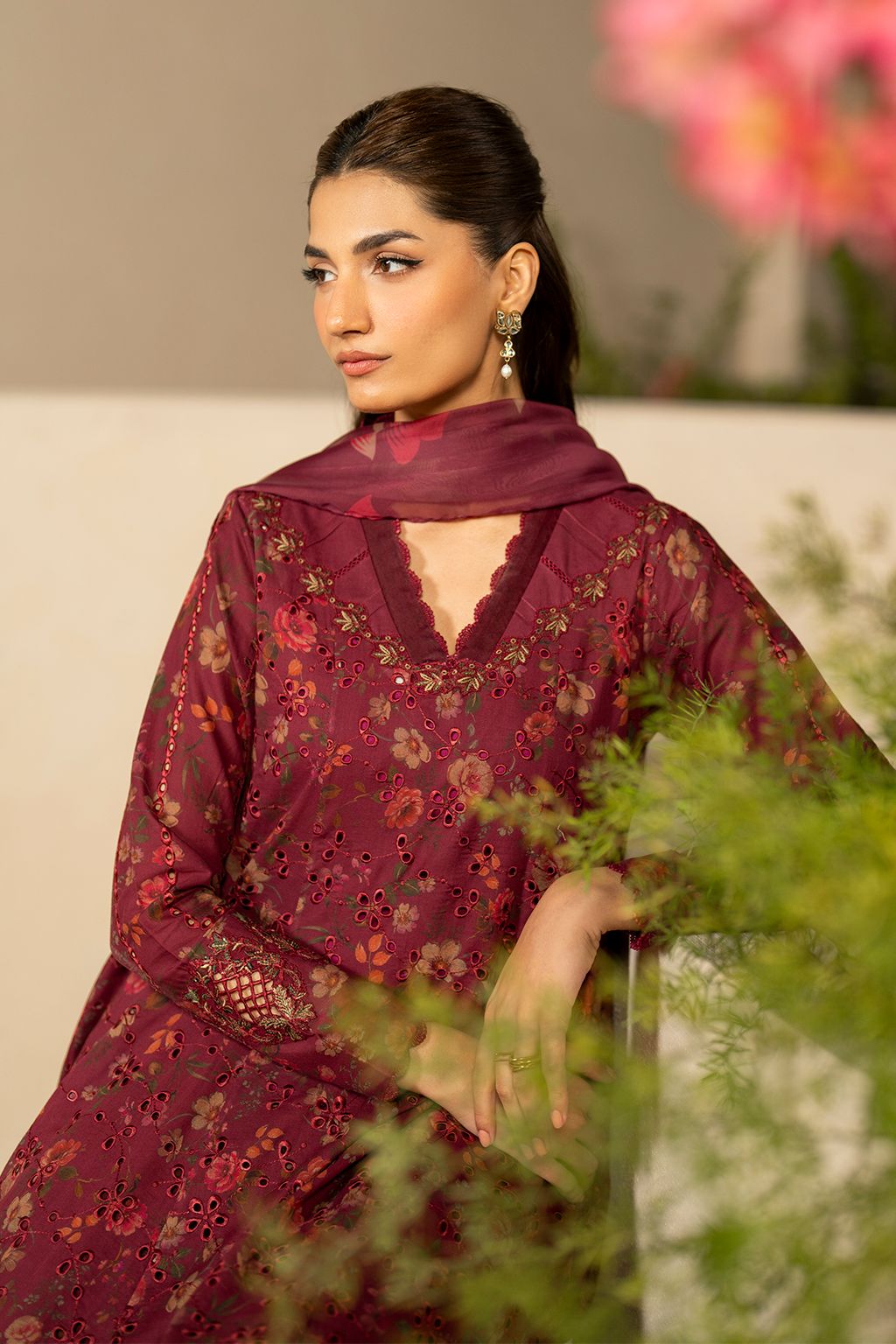 IZK Embroidered Maroon Luxury Lawn Chikankari Dress