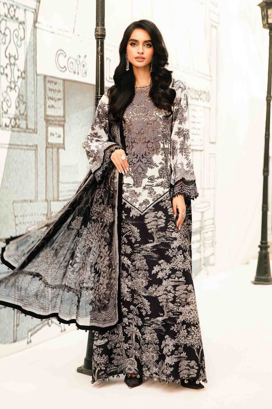 MB Embroidered Black & White Luxury lawn Dress