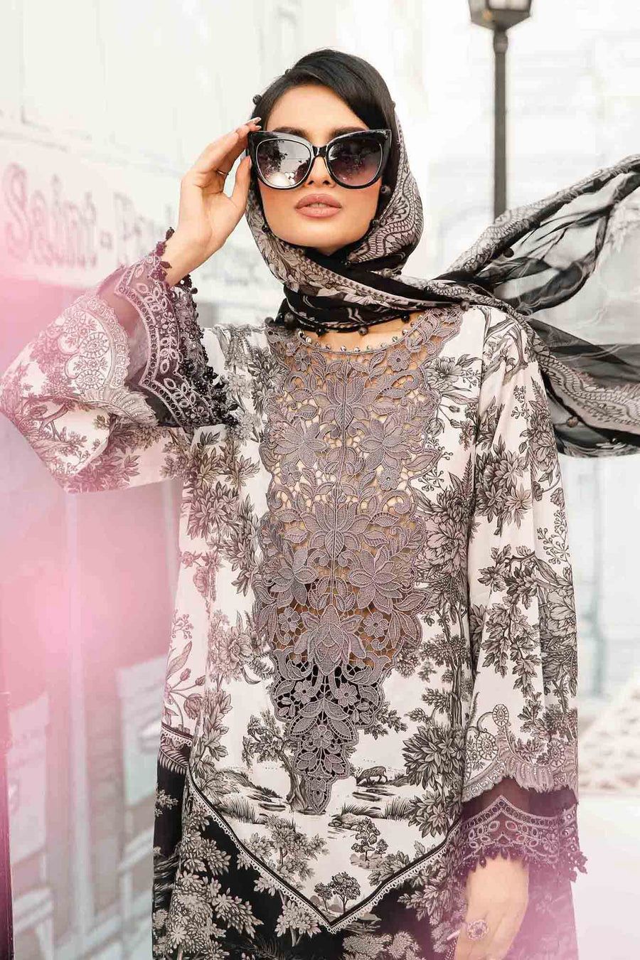 MB Embroidered Black & White Luxury lawn Dress