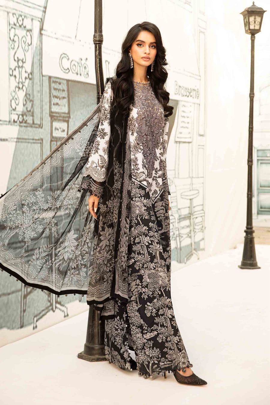 MB Embroidered Black & White Luxury lawn Dress