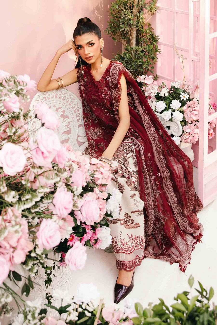 MB Embroidered Maroon & White Luxury lawn Dress