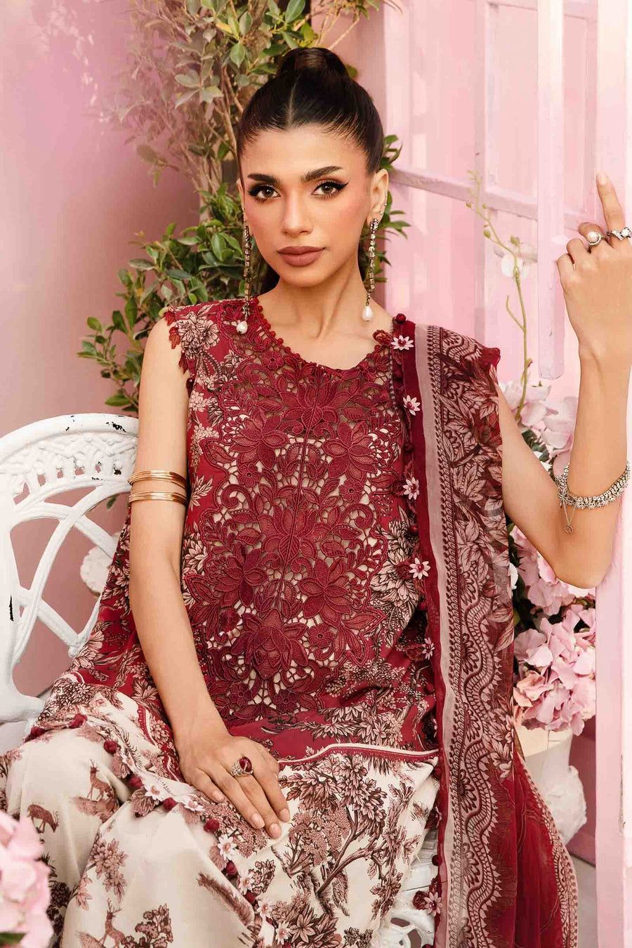 MB Embroidered Maroon & White Luxury lawn Dress