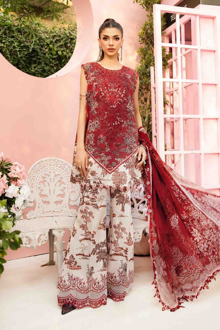 MB Embroidered Maroon & White Luxury lawn Dress