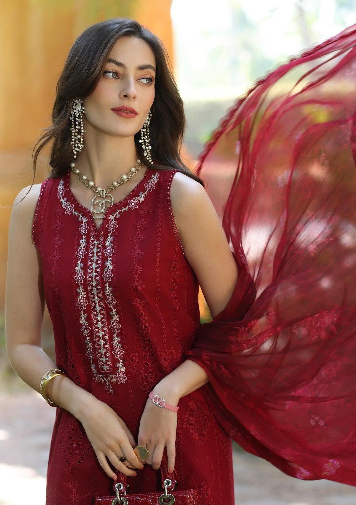 NSA Embroidered Red Luxury lawn Chikankari Dress