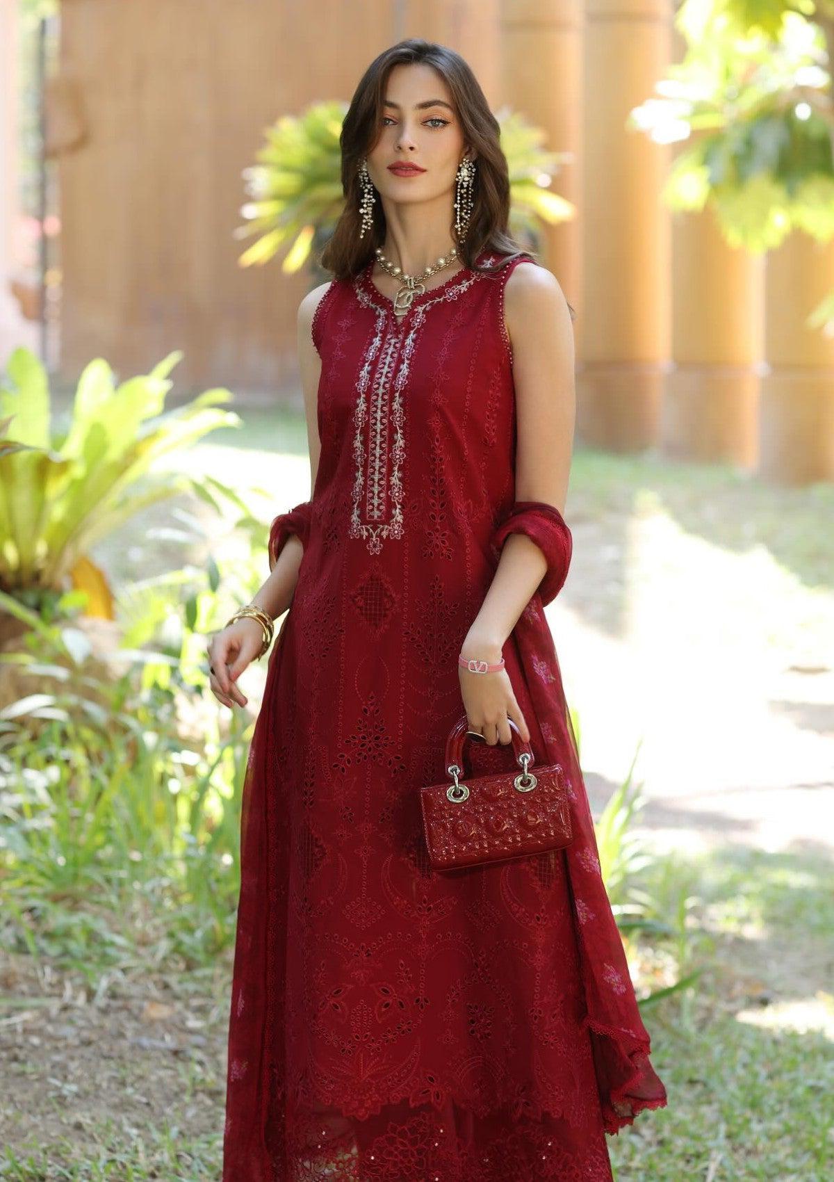 NSA Embroidered Red Luxury lawn Chikankari Dress