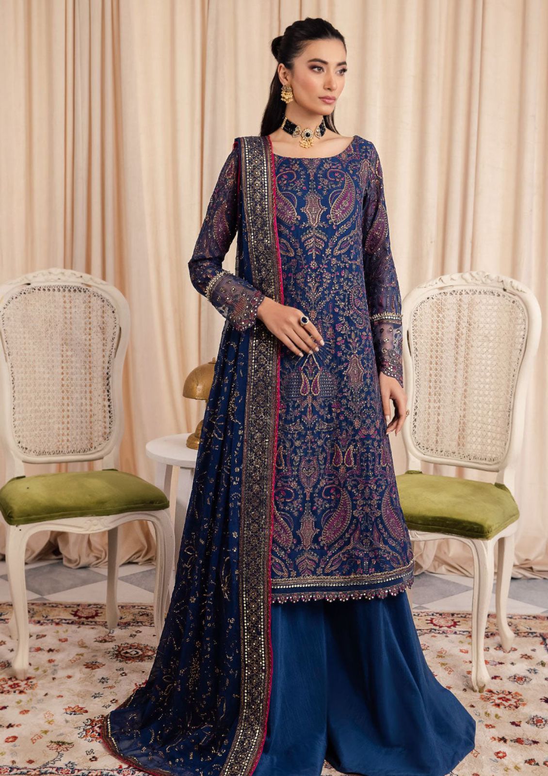 IZK Embroidered Navy Blue Luxury Organza Dress