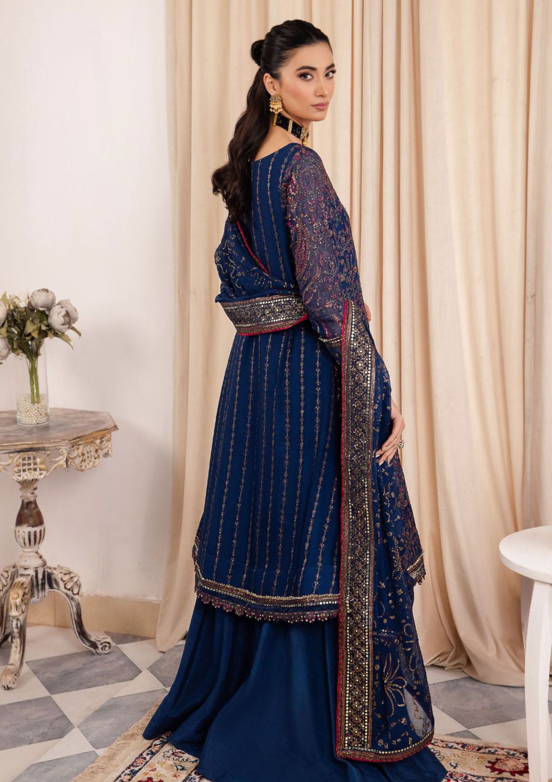IZK Embroidered Navy Blue Luxury Organza Dress