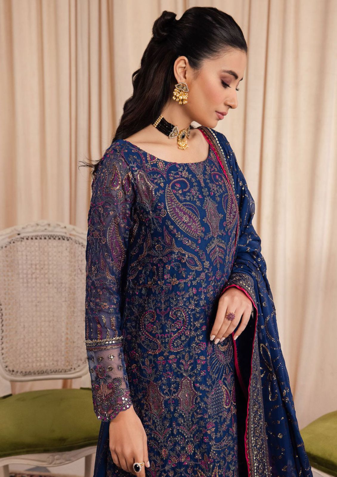 IZK Embroidered Navy Blue Luxury Organza Dress