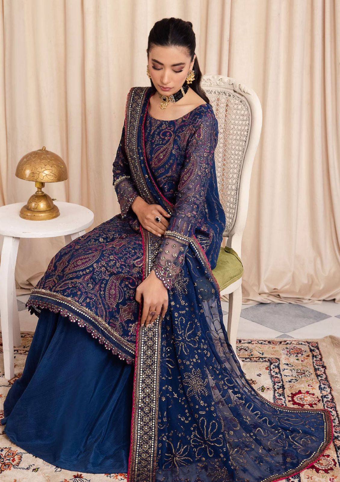 IZK Embroidered Navy Blue Luxury Organza Dress