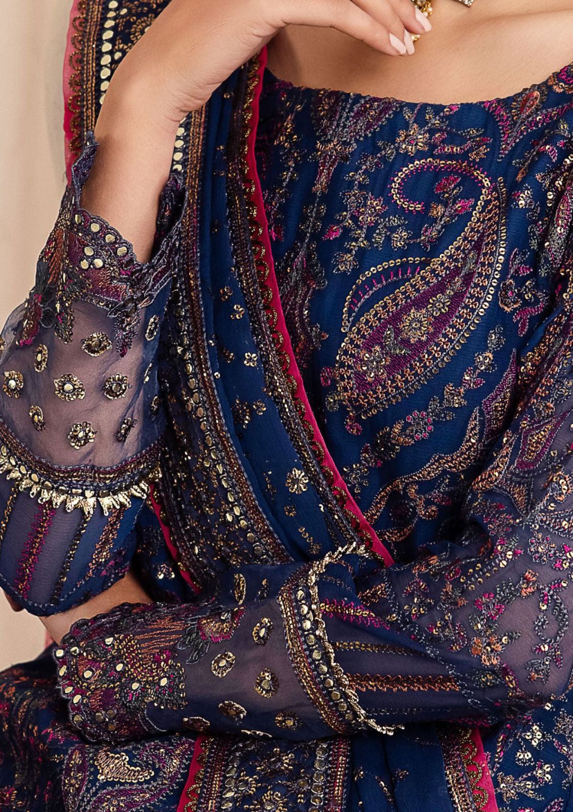 IZK Embroidered Navy Blue Luxury Organza Dress