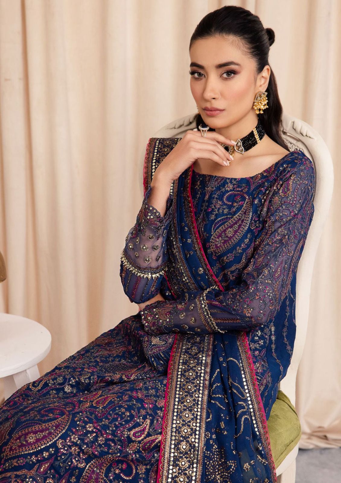 IZK Embroidered Navy Blue Luxury Organza Dress